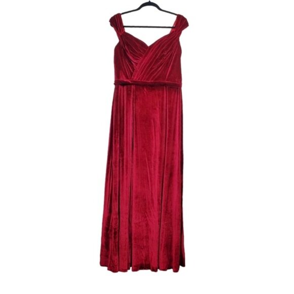 JJs House Womens Burgundy Red Velvet Pleated Side Slit Gown Dress Size 16 NWT - Picture 3 of 8